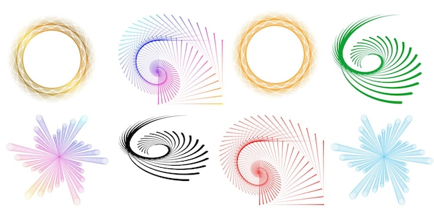 El elemento de diseño del conjunto círculo colores vectoriales en negrita aislados anillo dorado de rayas onduladas de brillo abstracto de muchos remolinos brillantes creados usando Blend Tool Ilustración vectorial EPS10 para su presentación