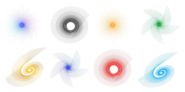 El elemento de diseño del conjunto círculo colores vectoriales en negrita aislados anillo dorado de rayas onduladas de brillo abstracto de muchos remolinos brillantes creados usando Blend Tool Ilustración vectorial EPS10 para su presentación