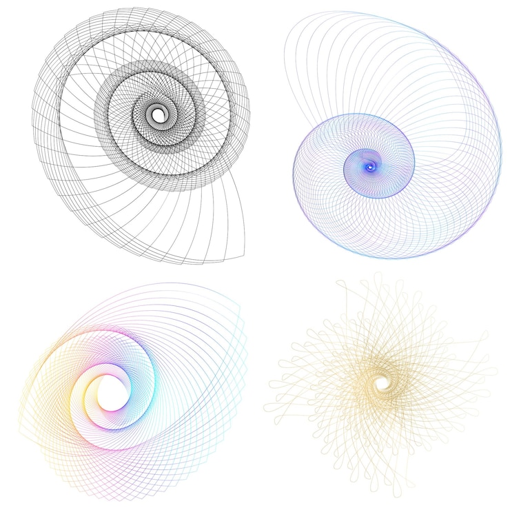Vector el elemento de diseño del conjunto círculo colores vectoriales en negrita aislados anillo dorado de rayas onduladas de brillo abstracto de muchos remolinos brillantes creados usando blend tool ilustración vectorial eps10 para su presentación