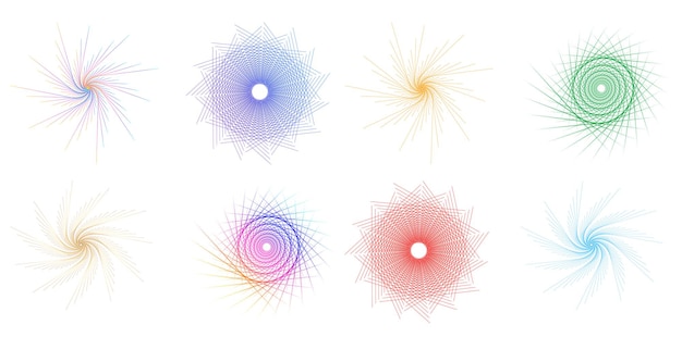 El elemento de diseño del conjunto círculo colores vectoriales en negrita aislados anillo dorado de rayas onduladas de brillo abstracto de muchos remolinos brillantes creados usando Blend Tool Ilustración vectorial EPS10 para su presentación