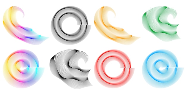El elemento de diseño del conjunto círculo colores vectoriales en negrita aislados anillo dorado de rayas onduladas de brillo abstracto de muchos remolinos brillantes creados usando Blend Tool Ilustración vectorial EPS10 para su presentación