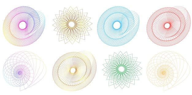 El elemento de diseño del conjunto círculo colores vectoriales en negrita aislados anillo dorado de rayas onduladas de brillo abstracto de muchos remolinos brillantes creados usando Blend Tool Ilustración vectorial EPS10 para su presentación