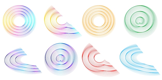 El elemento de diseño del conjunto círculo colores vectoriales en negrita aislados anillo dorado de rayas onduladas de brillo abstracto de muchos remolinos brillantes creados usando Blend Tool Ilustración vectorial EPS10 para su presentación