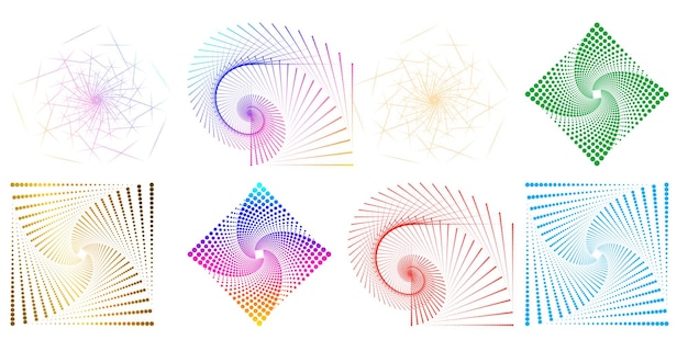 El elemento de diseño del conjunto círculo colores vectoriales en negrita aislados anillo dorado de rayas onduladas de brillo abstracto de muchos remolinos brillantes creados usando Blend Tool Ilustración vectorial EPS10 para su presentación