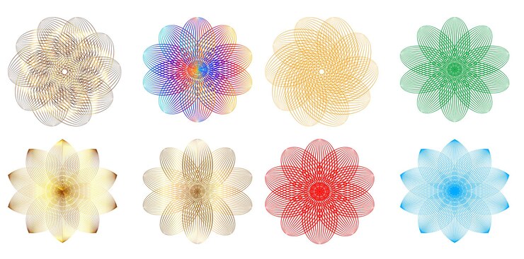 Vector el elemento de diseño del conjunto círculo colores vectoriales en negrita aislados anillo dorado de rayas onduladas de brillo abstracto de muchos remolinos brillantes creados usando blend tool ilustración vectorial eps10 para su presentación