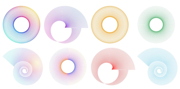 El elemento de diseño del conjunto círculo colores vectoriales en negrita aislados anillo dorado de rayas onduladas de brillo abstracto de muchos remolinos brillantes creados usando Blend Tool Ilustración vectorial EPS10 para su presentación