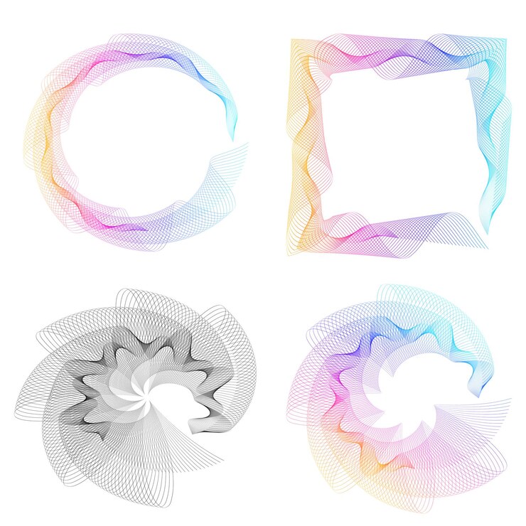 Vector el elemento de diseño del conjunto círculo colores vectoriales en negrita aislados anillo dorado de rayas onduladas de brillo abstracto de muchos remolinos brillantes creados usando blend tool ilustración vectorial eps10 para su presentación