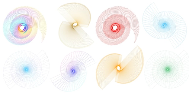 El elemento de diseño del conjunto círculo colores vectoriales en negrita aislados anillo dorado de rayas onduladas de brillo abstracto de muchos remolinos brillantes creados usando Blend Tool Ilustración vectorial EPS10 para su presentación