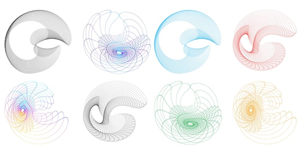 El elemento de diseño del conjunto círculo colores vectoriales en negrita aislados anillo dorado de rayas onduladas de brillo abstracto de muchos remolinos brillantes creados usando Blend Tool Ilustración vectorial EPS10 para su presentación