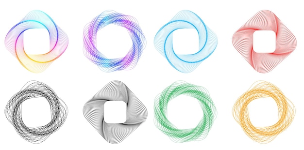 El elemento de diseño del conjunto círculo colores vectoriales en negrita aislados anillo dorado de rayas onduladas de brillo abstracto de muchos remolinos brillantes creados usando Blend Tool Ilustración vectorial EPS10 para su presentación