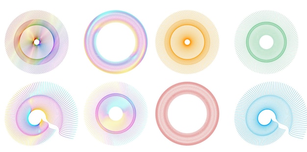 El elemento de diseño del conjunto círculo colores vectoriales en negrita aislados anillo dorado de rayas onduladas de brillo abstracto de muchos remolinos brillantes creados usando Blend Tool Ilustración vectorial EPS10 para su presentación
