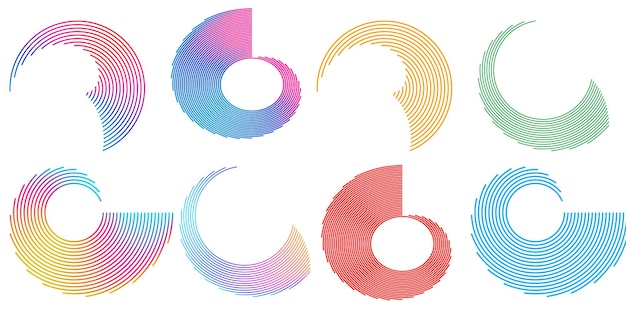 El elemento de diseño del conjunto círculo colores vectoriales en negrita aislados anillo dorado de rayas onduladas de brillo abstracto de muchos remolinos brillantes creados usando Blend Tool Ilustración vectorial EPS10 para su presentación