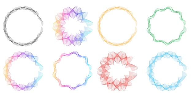 El elemento de diseño del conjunto círculo colores vectoriales en negrita aislados anillo dorado de rayas onduladas de brillo abstracto de muchos remolinos brillantes creados usando Blend Tool Ilustración vectorial EPS10 para su presentación