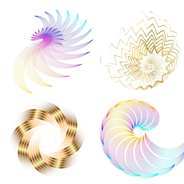 El elemento de diseño del conjunto círculo colores vectoriales en negrita aislados anillo dorado de rayas onduladas de brillo abstracto de muchos remolinos brillantes creados usando Blend Tool Ilustración vectorial EPS10 para su presentación