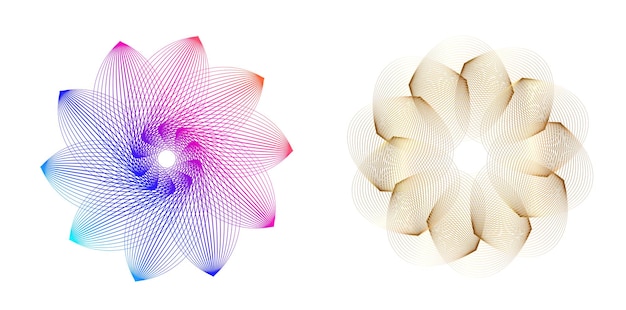 El elemento de diseño del conjunto círculo colores vectoriales en negrita aislados anillo dorado de rayas onduladas de brillo abstracto de muchos remolinos brillantes creados usando Blend Tool Ilustración vectorial EPS10 para su presentación