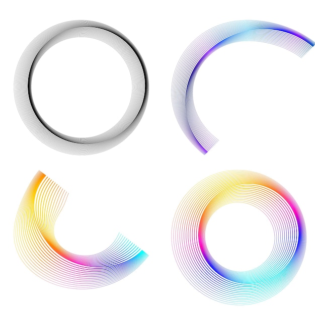 El elemento de diseño del conjunto círculo colores vectoriales en negrita aislados anillo dorado de rayas onduladas de brillo abstracto de muchos remolinos brillantes creados usando Blend Tool Ilustración vectorial EPS10 para su presentación