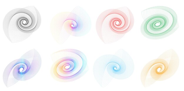 El elemento de diseño del conjunto círculo colores vectoriales en negrita aislados anillo dorado de rayas onduladas de brillo abstracto de muchos remolinos brillantes creados usando Blend Tool Ilustración vectorial EPS10 para su presentación