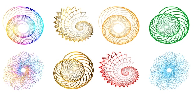 El elemento de diseño del conjunto círculo colores vectoriales en negrita aislados anillo dorado de rayas onduladas de brillo abstracto de muchos remolinos brillantes creados usando Blend Tool Ilustración vectorial EPS10 para su presentación