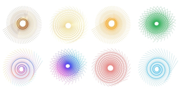 El elemento de diseño del conjunto círculo colores vectoriales en negrita aislados anillo dorado de rayas onduladas de brillo abstracto de muchos remolinos brillantes creados usando Blend Tool Ilustración vectorial EPS10 para su presentación