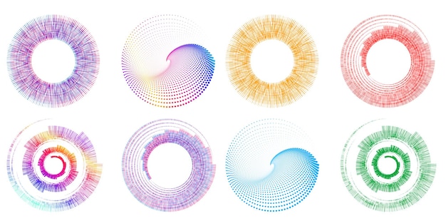 El elemento de diseño del conjunto círculo colores vectoriales en negrita aislados anillo dorado de rayas onduladas de brillo abstracto de muchos remolinos brillantes creados usando Blend Tool Ilustración vectorial EPS10 para su presentación