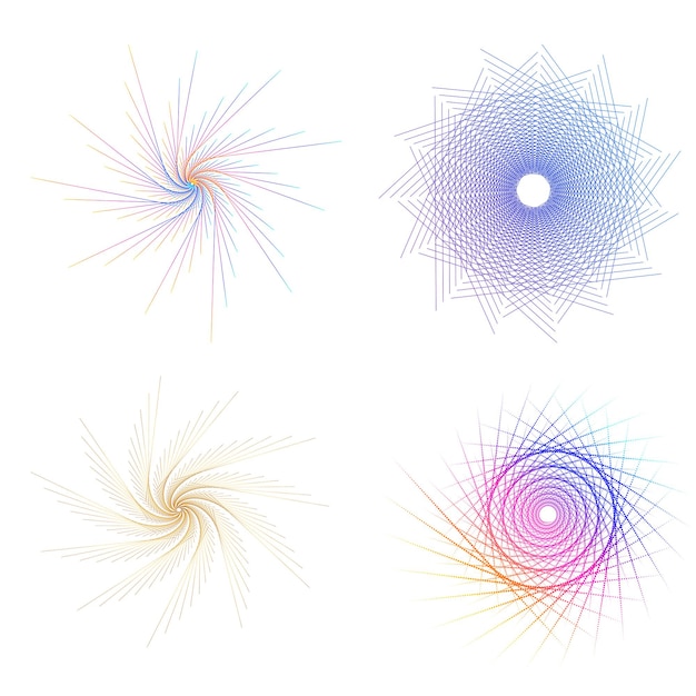 El elemento de diseño del conjunto círculo colores vectoriales en negrita aislados anillo dorado de rayas onduladas de brillo abstracto de muchos remolinos brillantes creados usando Blend Tool Ilustración vectorial EPS10 para su presentación