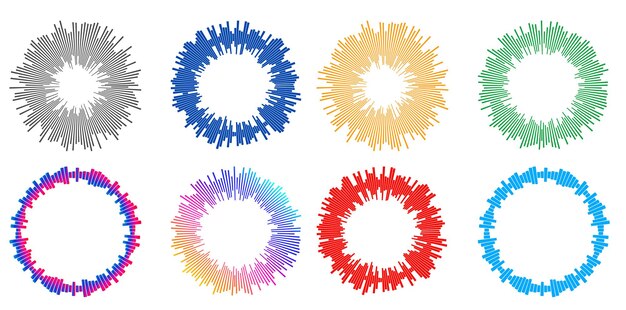 El elemento de diseño del conjunto círculo colores vectoriales en negrita aislados anillo dorado de rayas onduladas de brillo abstracto de muchos remolinos brillantes creados usando Blend Tool Ilustración vectorial EPS10 para su presentación
