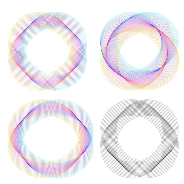 El elemento de diseño del conjunto círculo colores vectoriales en negrita aislados anillo dorado de rayas onduladas de brillo abstracto de muchos remolinos brillantes creados usando Blend Tool Ilustración vectorial EPS10 para su presentación