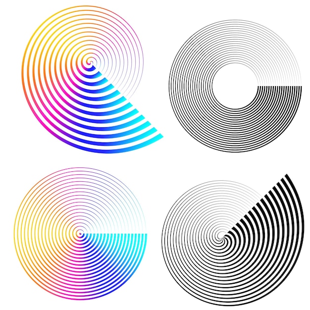 El elemento de diseño del conjunto círculo colores vectoriales en negrita aislados anillo dorado de rayas onduladas de brillo abstracto de muchos remolinos brillantes creados usando Blend Tool Ilustración vectorial EPS10 para su presentación