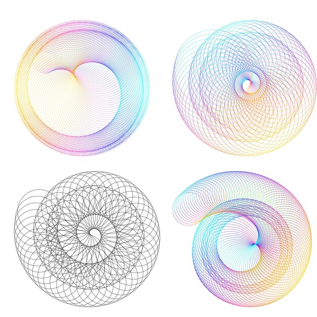 El elemento de diseño del conjunto círculo colores vectoriales en negrita aislados anillo dorado de rayas onduladas de brillo abstracto de muchos remolinos brillantes creados usando Blend Tool Ilustración vectorial EPS10 para su presentación