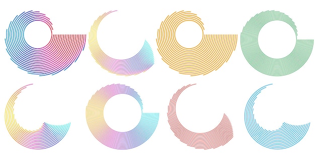 El elemento de diseño del conjunto círculo colores vectoriales en negrita aislados anillo dorado de rayas onduladas de brillo abstracto de muchos remolinos brillantes creados usando Blend Tool Ilustración vectorial EPS10 para su presentación