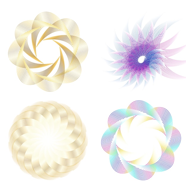 El elemento de diseño del conjunto círculo colores vectoriales en negrita aislados anillo dorado de rayas onduladas de brillo abstracto de muchos remolinos brillantes creados usando Blend Tool Ilustración vectorial EPS10 para su presentación