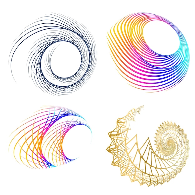 El elemento de diseño del conjunto círculo colores vectoriales en negrita aislados anillo dorado de rayas onduladas de brillo abstracto de muchos remolinos brillantes creados usando Blend Tool Ilustración vectorial EPS10 para su presentación