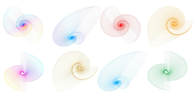 El elemento de diseño del conjunto círculo colores vectoriales en negrita aislados anillo dorado de rayas onduladas de brillo abstracto de muchos remolinos brillantes creados usando Blend Tool Ilustración vectorial EPS10 para su presentación