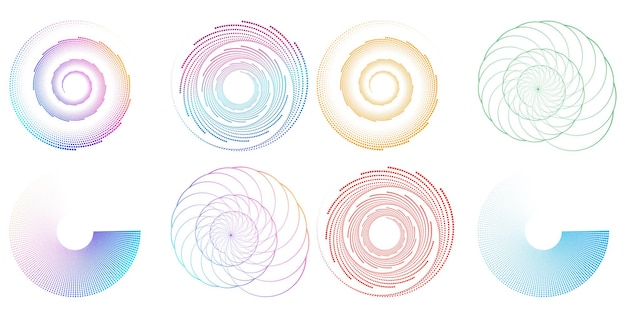 El elemento de diseño del conjunto círculo colores vectoriales en negrita aislados anillo dorado de rayas onduladas de brillo abstracto de muchos remolinos brillantes creados usando Blend Tool Ilustración vectorial EPS10 para su presentación