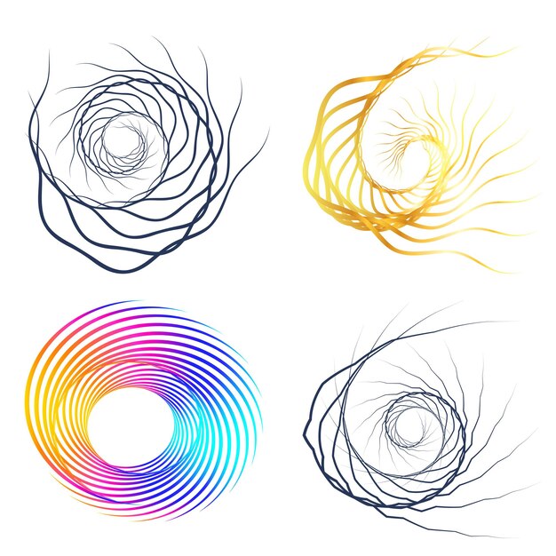 El elemento de diseño del conjunto círculo colores vectoriales en negrita aislados anillo dorado de rayas onduladas de brillo abstracto de muchos remolinos brillantes creados usando Blend Tool Ilustración vectorial EPS10 para su presentación