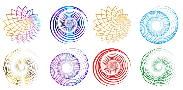 El elemento de diseño del conjunto círculo colores vectoriales en negrita aislados anillo dorado de rayas onduladas de brillo abstracto de muchos remolinos brillantes creados usando Blend Tool Ilustración vectorial EPS10 para su presentación
