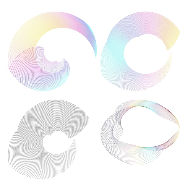 El elemento de diseño del conjunto círculo colores vectoriales en negrita aislados anillo dorado de rayas onduladas de brillo abstracto de muchos remolinos brillantes creados usando Blend Tool Ilustración vectorial EPS10 para su presentación