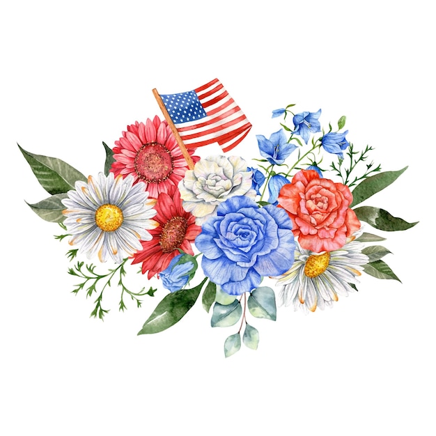 Elemento de diseño del Día de la Independencia del concepto patriótico del 4 de julio Acuarela floral pintada a mano