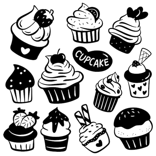 Elemento de diseño de doodle de silueta de cupcakes dibujados a mano