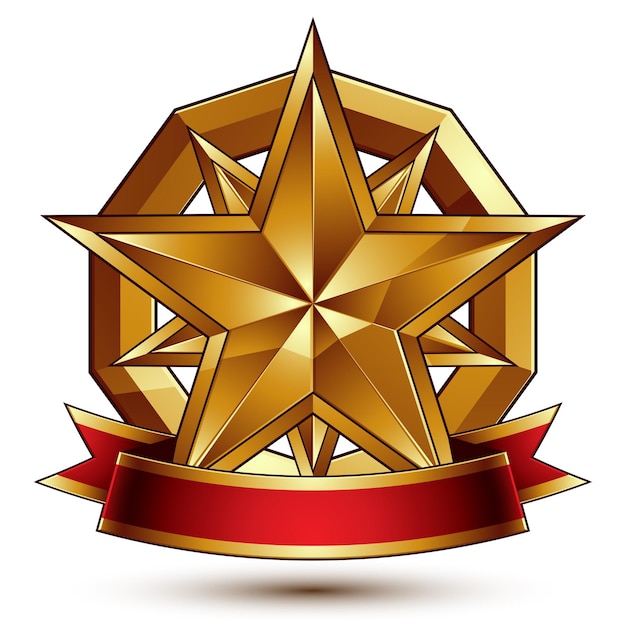 Elemento de diseño dorado vectorial complicado con estrella decorativa poligonal y cinta con curvas rojas. medallón de lujo 3d aislado sobre fondo blanco. Insignia dimensional festiva redonda con cinta refinada.