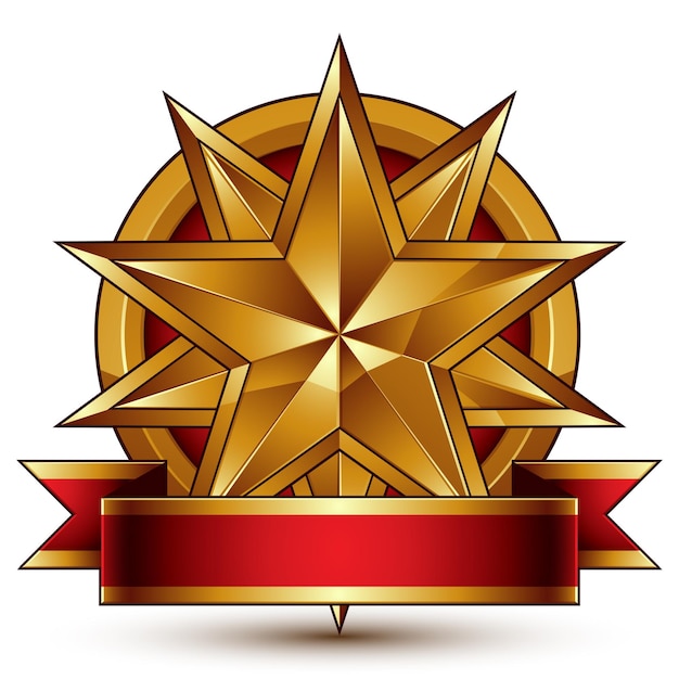 Elemento de diseño dorado vectorial complicado con estrella decorativa poligonal y cinta con curvas rojas. medallón de lujo 3d aislado sobre fondo blanco. Insignia dimensional festiva redonda con cinta refinada.