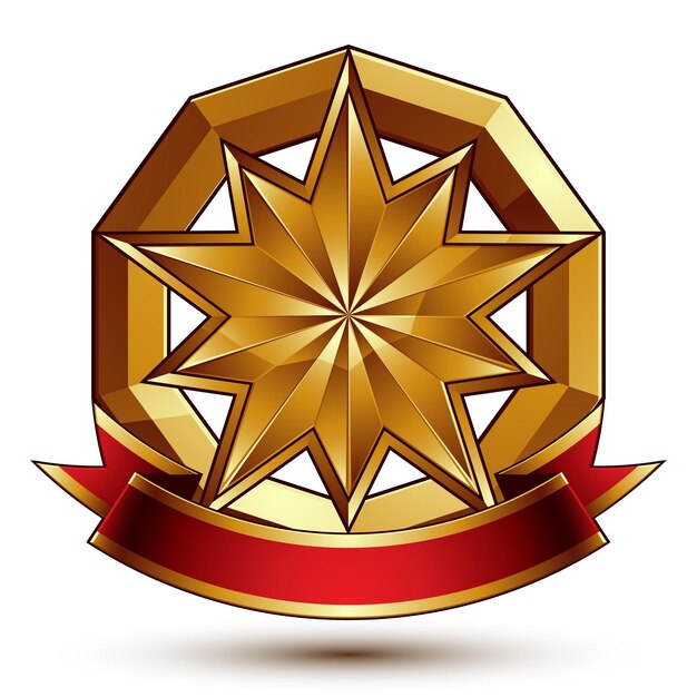 Vector elemento de diseño dorado vectorial complicado con estrella decorativa poligonal y cinta con curvas rojas. medallón de lujo 3d aislado sobre fondo blanco. insignia dimensional festiva redonda con cinta refinada.