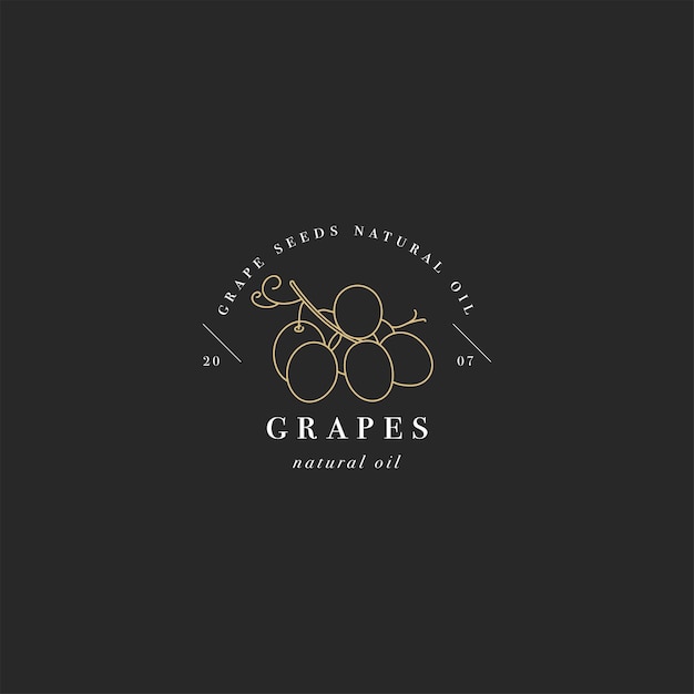 Elemento de diseño de empaque de logotipo e icono en estilo lineal - aceite de semilla de uva - comida vegana saludable.
