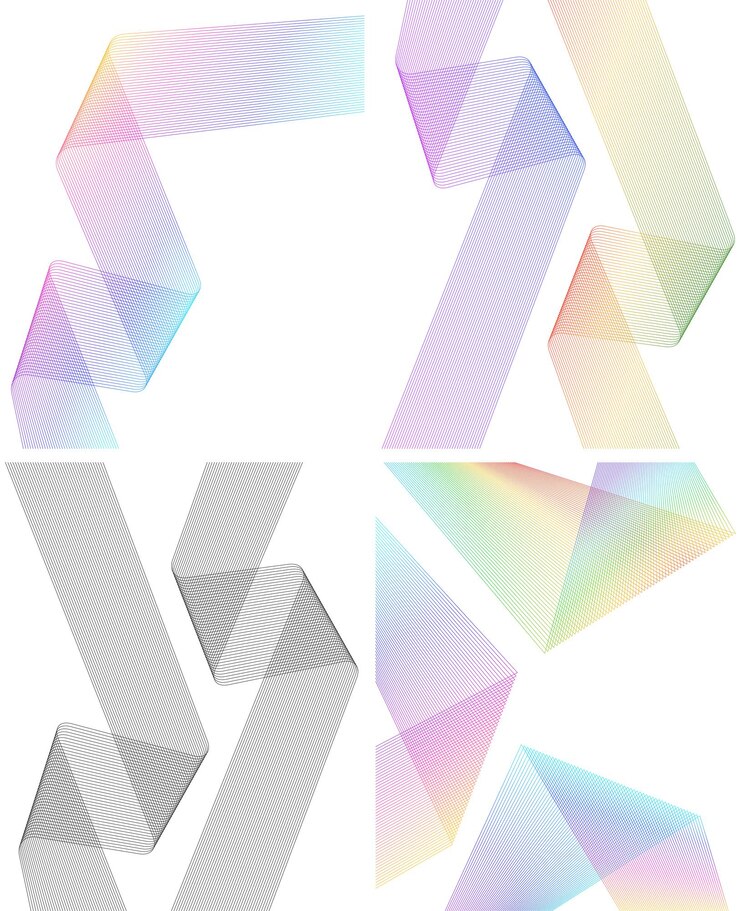 Vector elemento de diseño esquinas afiladas curvas ondean muchas líneas rayas rotas verticales abstractas sobre fondo blanco aislado arte de línea creativa ilustración vectorial eps 10 línea de colores creada con la herramienta mezclar