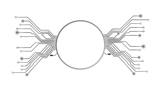 Elemento de diseño en estilo techno con espacio de copia círculo plateado con pistas de PCB aisladas en blanco Plantilla para sitio web o banner Ilustración vectorial