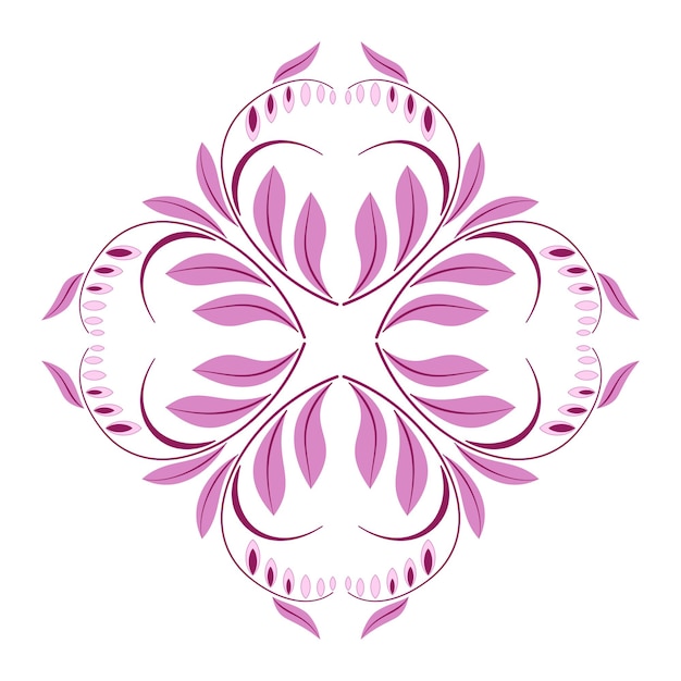 Elemento de diseño floral diagonal cuadrado Mandala de hojas y flores curvas rosadas Patrón floral