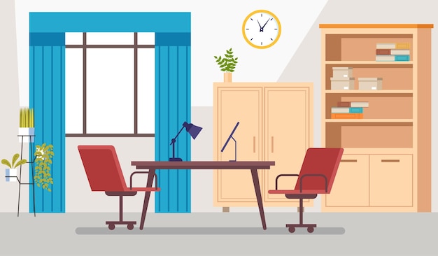 Elemento de diseño gráfico de dibujos animados de concepto de escritorio moderno de espacio de trabajo de espacio interior de oficina