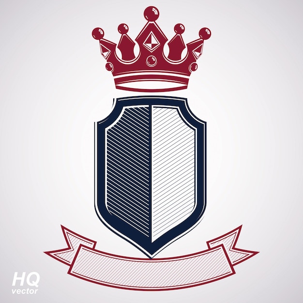 Elemento de diseño del imperio. Ilustración de corona real heráldica - escudo de armas decorativo a rayas imperiales. Escudo vectorial de lujo con corona roja rey y cinta festiva ondulada.