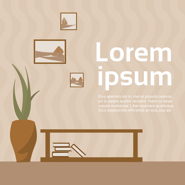 Elemento de diseño de interiores Estante de libro con la planta. Plantilla de texto