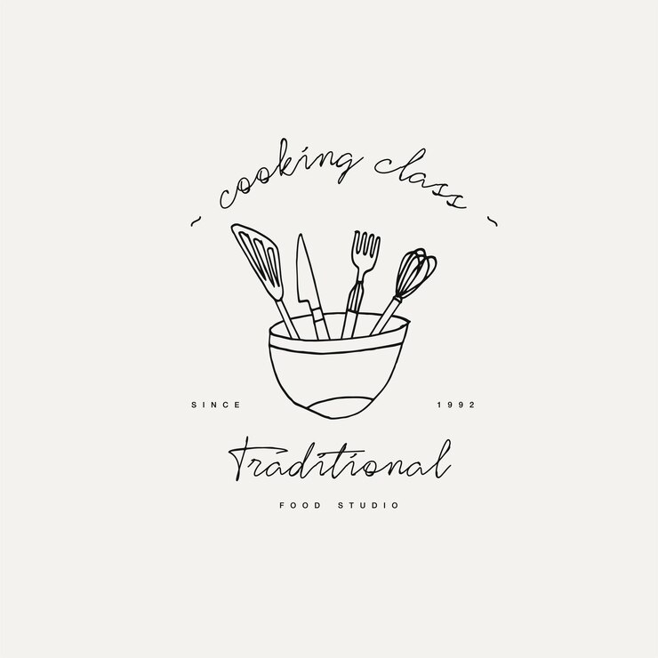 Elemento de diseño lineal de clase de cocina, emblema de cocina, símbolo, icono o etiqueta de estudio de alimentos. Los cursos de cocina firman plantilla o logotipo, identidad, escuela culinaria.